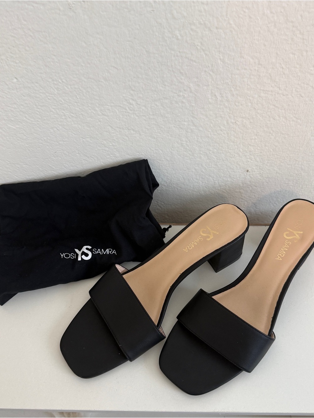 Yosi Samra Black Leather Block Heel Slide Mules NWOT - Picture 2 of 3